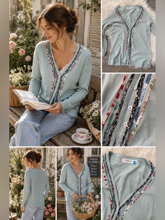 Anthropologie Sweaters - Anthropologie Sparrow Floral Trim Cardigan Sweater Cottagecore Button Front